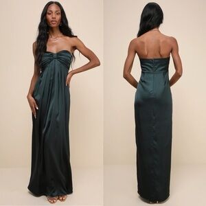 NWT Lulu’s Memorable Entrance Emerald Green Strapless Satin Maxi Dress Size XS